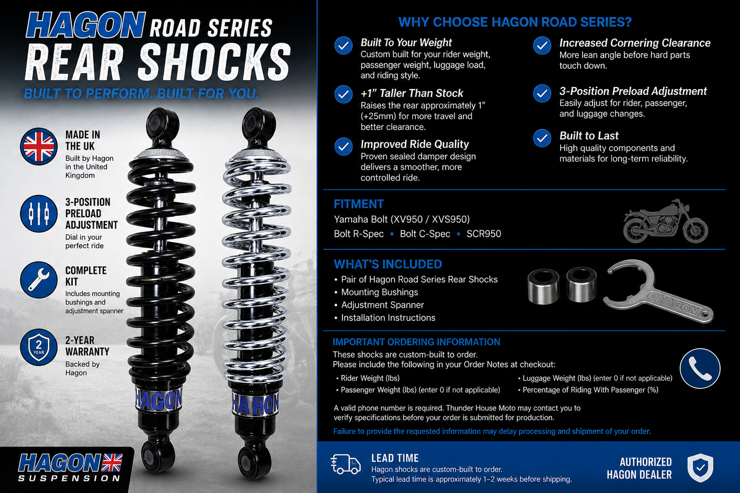 Hagon Premium Series Rear Shocks for Yamaha Bolt, R-Spec, C-Spec & SCR950