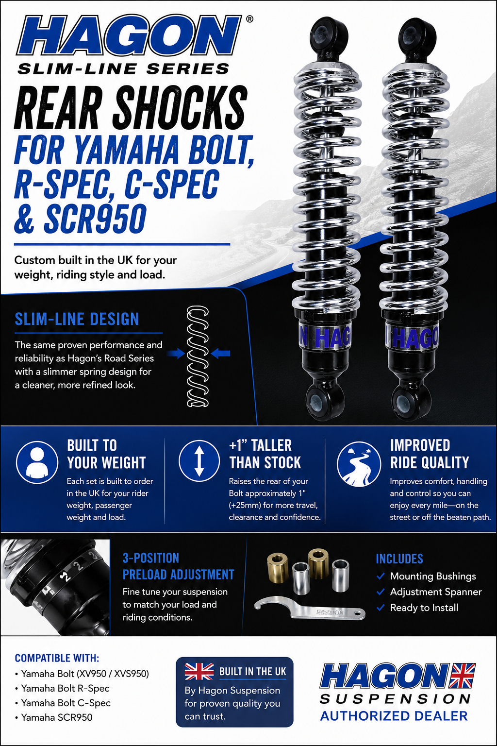 Hagon Slim-Line Series Rear Shocks for Yamaha Bolt, R-Spec, C-Spec & SCR950